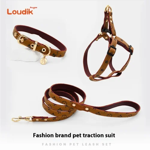 Leather Pet Dog Chest Harness Leash Collar Set For Small and Medium Dogs