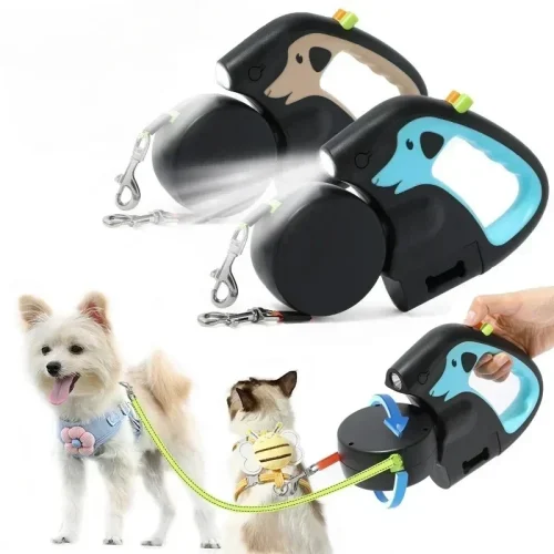 3m Retractable Rotating Pet Leash for 2 Dogs with Flashlight and Poop Bag Box